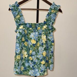 Blu Pepper Floral Ruffle Strap Blouse - Blue and Yellow Size S
